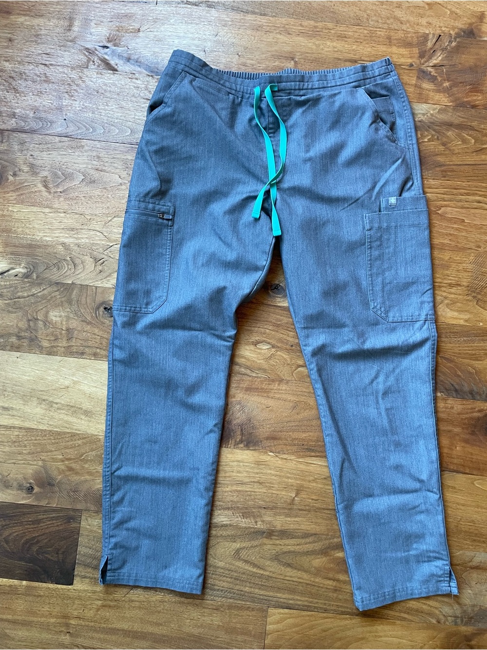 Figs Gray Cargo Scrub Pants with Teal Drawstring